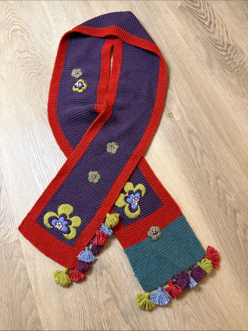 Beautiful Handmade Knit Floral Appliqué Scarf with Tassels artsy colorful cozy